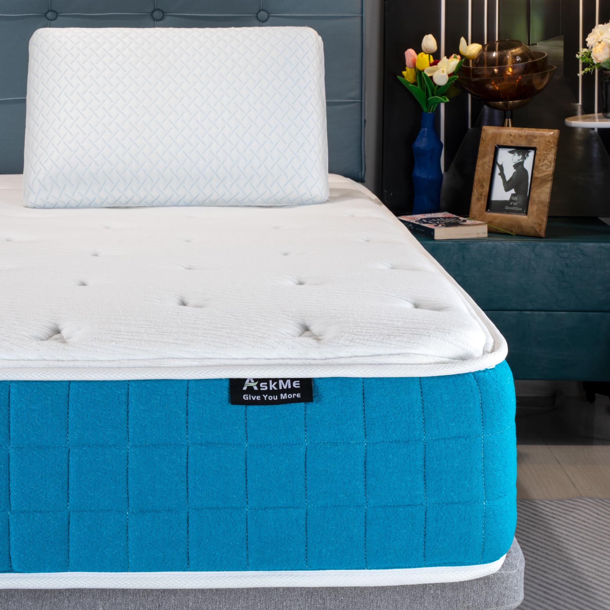 Askme Queen Mattress 10 Inch Innerspring Mattress Bed in a Box,Medium Firm Cooling Gel Memory Foam Mattress Individually Wrapped Pocket Coils with One Free Memory Foam Bed Pillow CertiPUR-US