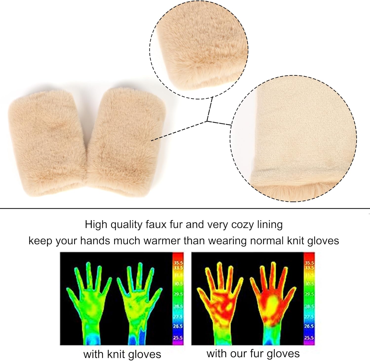 LA CARRIE Women Fingerless Faux Fur Gloves Smooth Furry Soft Fuzzy Plush Winter Cold Warmer Cuffs Black White for Girls - Image 7