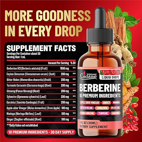 Miniatura 2 de Gotas líquidas de berberina 10 en 1  Apoyo a la salud cardíaca con canela de Ceilán, melón amargo, cúrcuma, ginseng, Gymnema Sylvestre, Garcinia,