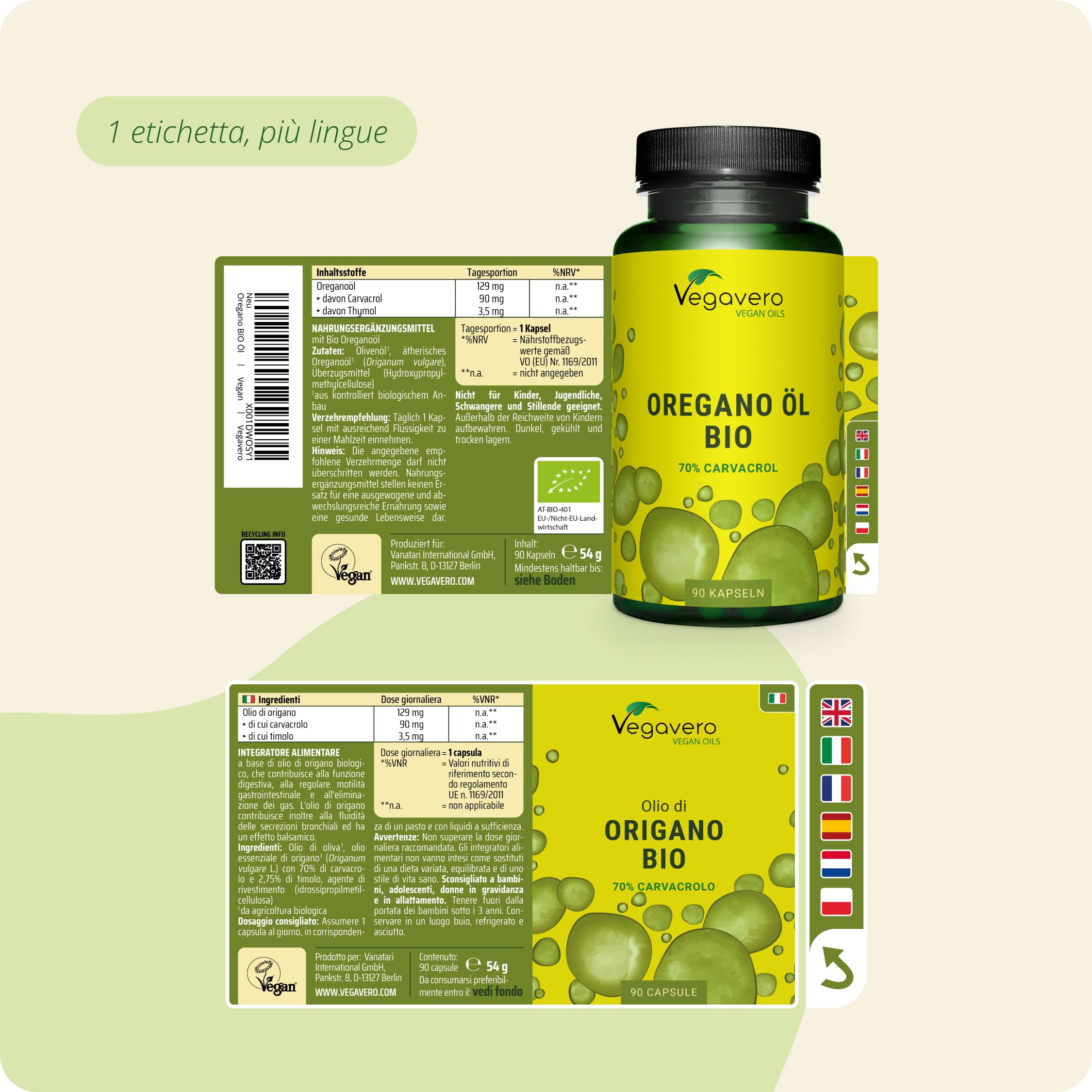 Olio di ORIGANO BIO Vegavero® | con 70% di Carvacrolo e 2,5% Timolo | per Candidosi e Mughetto | 90 capsule | Vegan