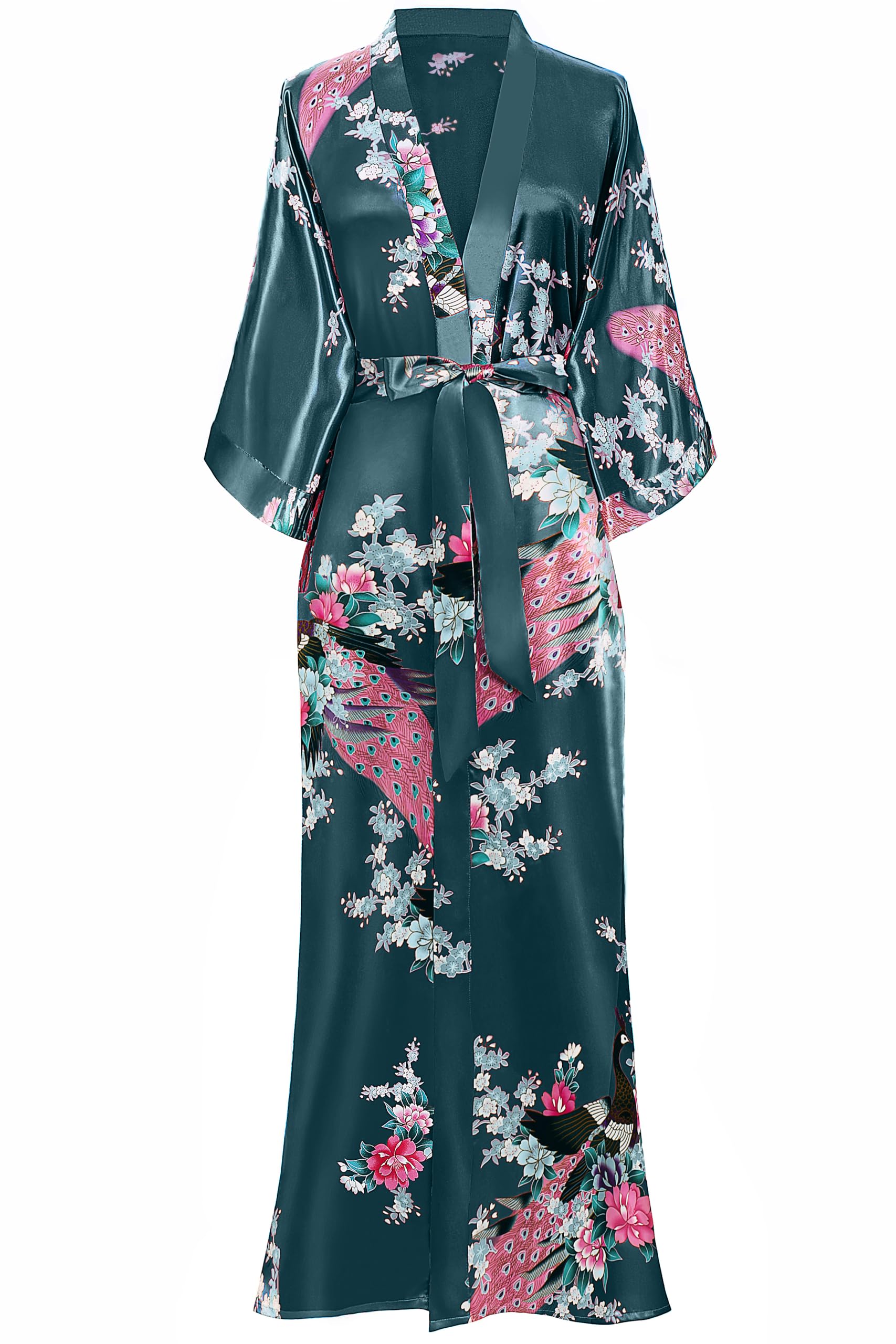 BABEYOND Women's Kimono Robe Long Robes with Peacock and Blossoms Printed Kimono Nightgown
