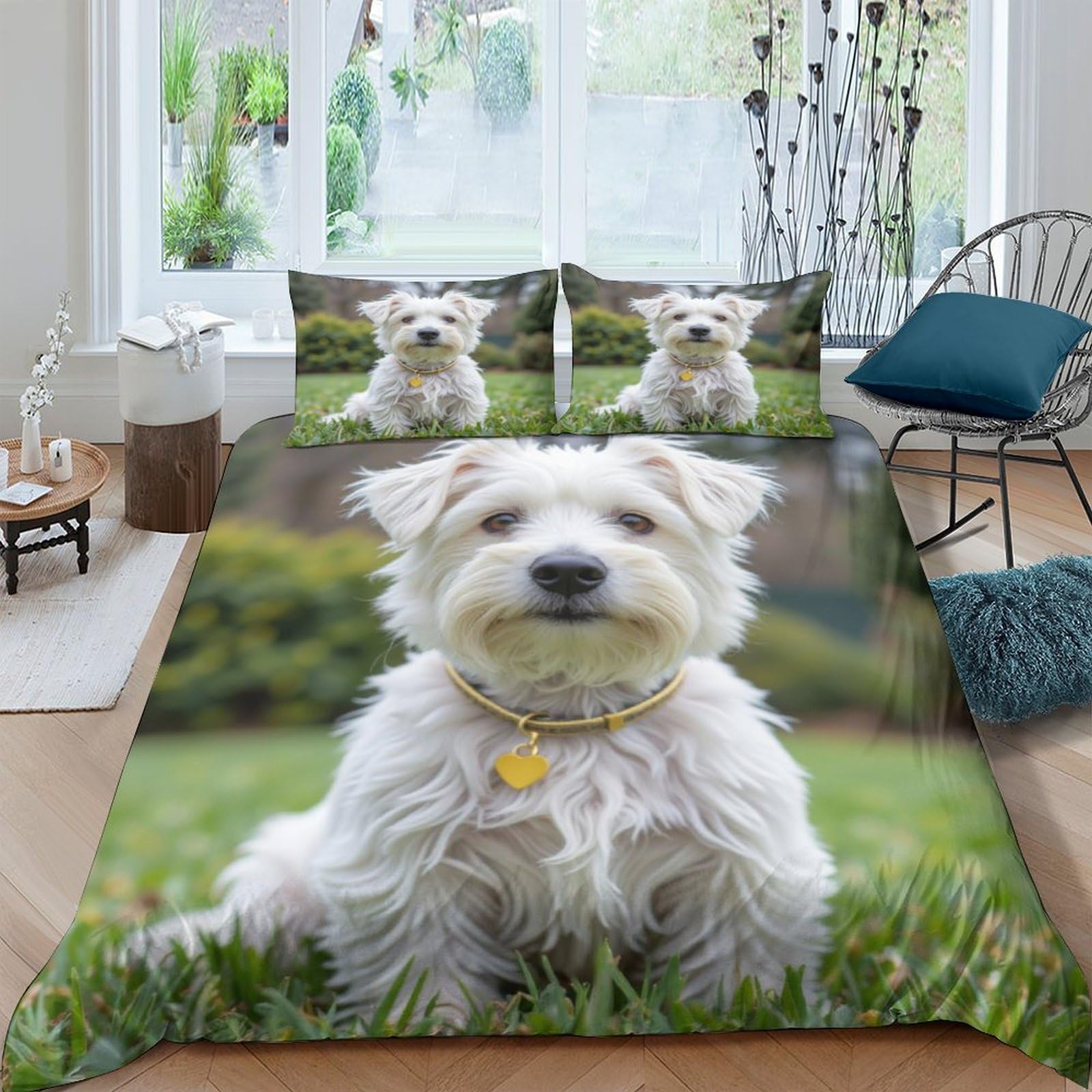 GPLZQXKJNH 3D Printed White Dog Duvet Cover Microfiber Soft Breathable Grass Field Bedding Set with 2 Pillowcases for Bedroom Decor Single（135x200cm）