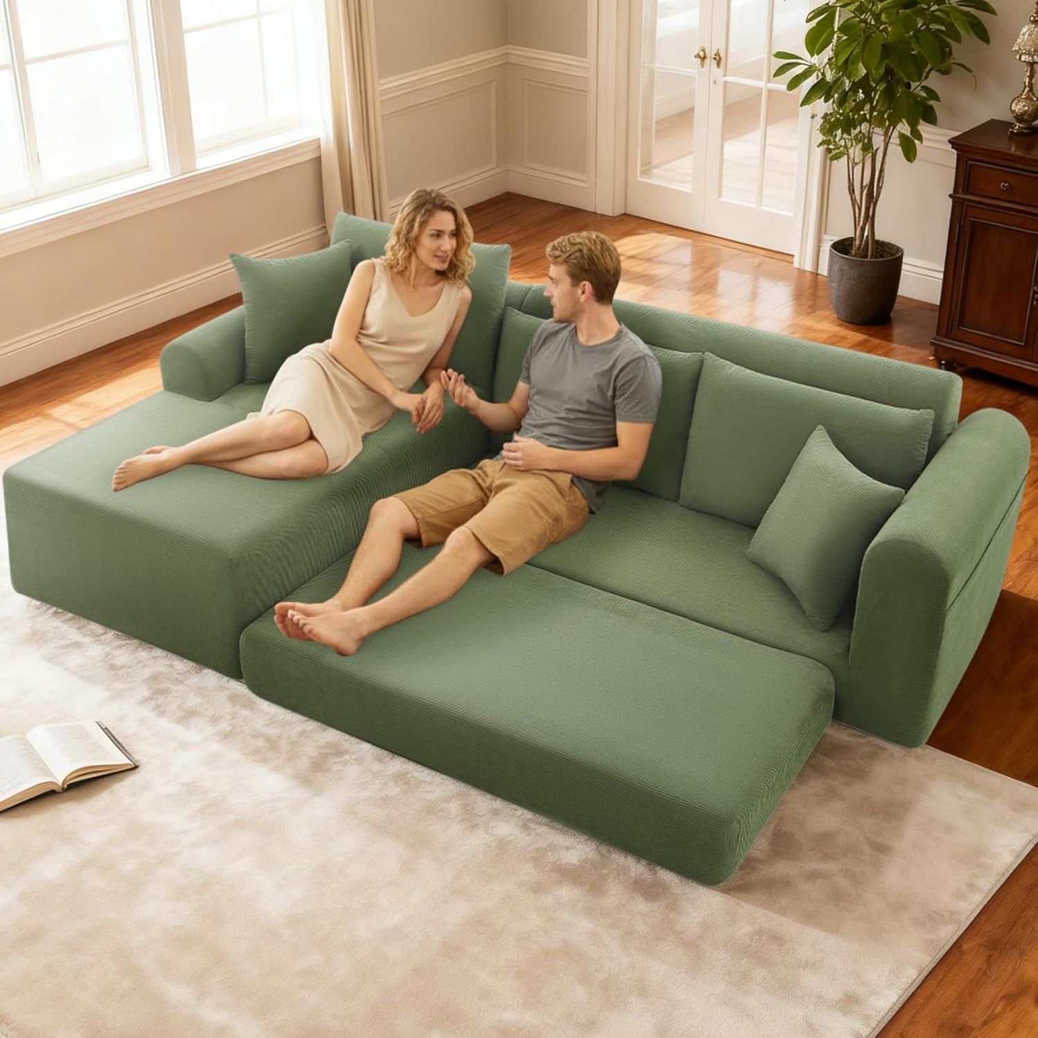 103 inch Cloud Sectional Couch, Modular Sectional Sofa with Deep Seat,Folding L-Shape Sofa Bed,Corduroy Boneless Couch Bed for Living Room,No Assembly Required,(Green,Left Facing Chaise)