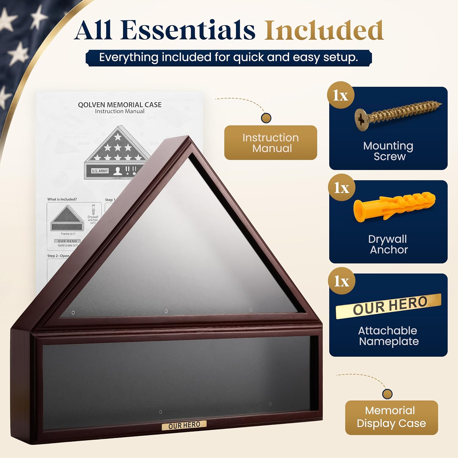 Large Military Flag Display Case with Gold Plate - Wooden Shadow Box Frame for Veteran Burial Flag - Fits 5' x 9.5' Flag - Memorial Medal Display & Shadowbox for Medals & Tri Folded Flag