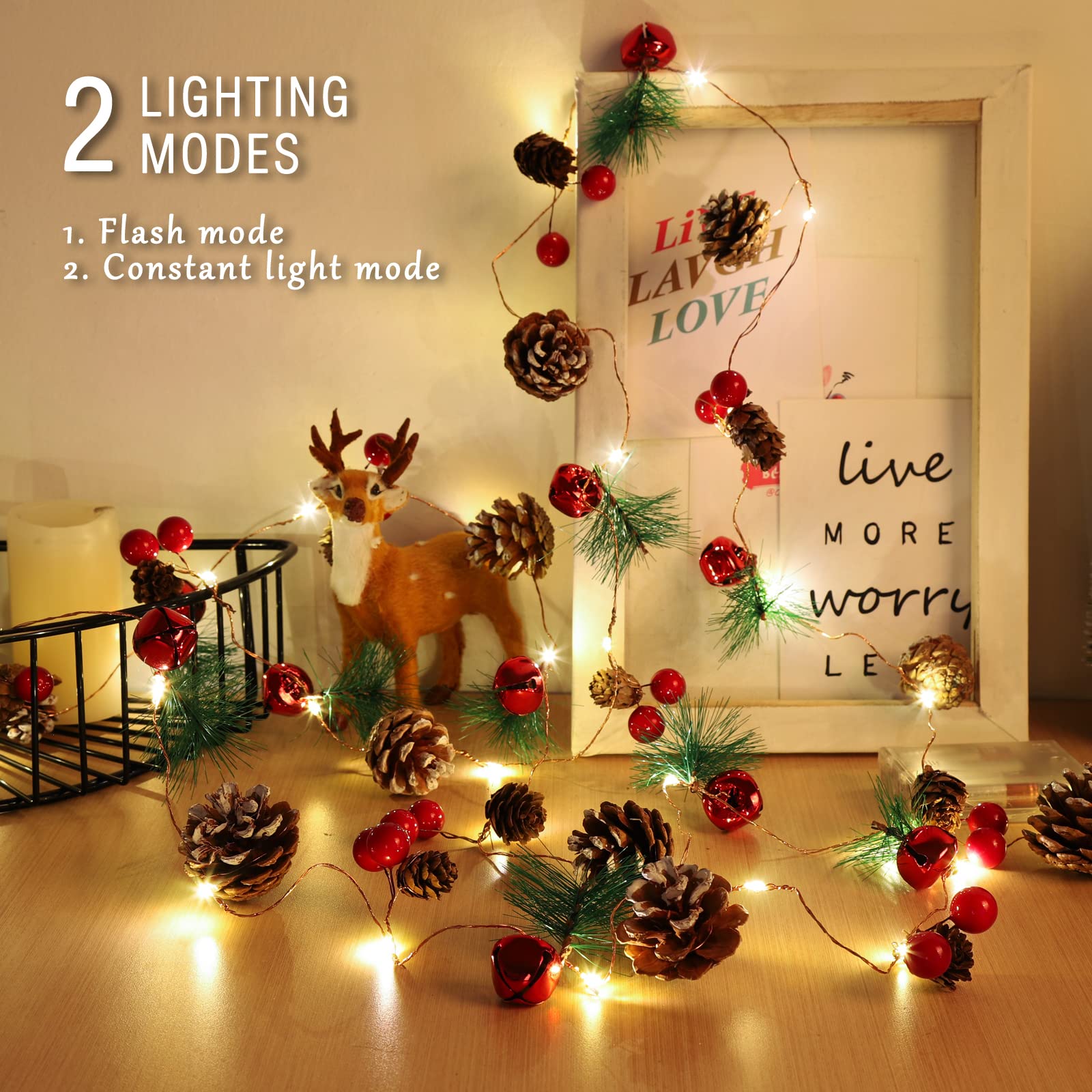 Ghirlanda natalizia con luci a corda, 30 LED, 30 LED, a forma di pigna, campanelle con bacche rosse, decorazioni natalizie per interni per casa e camino, decorazione per albero di Natale
