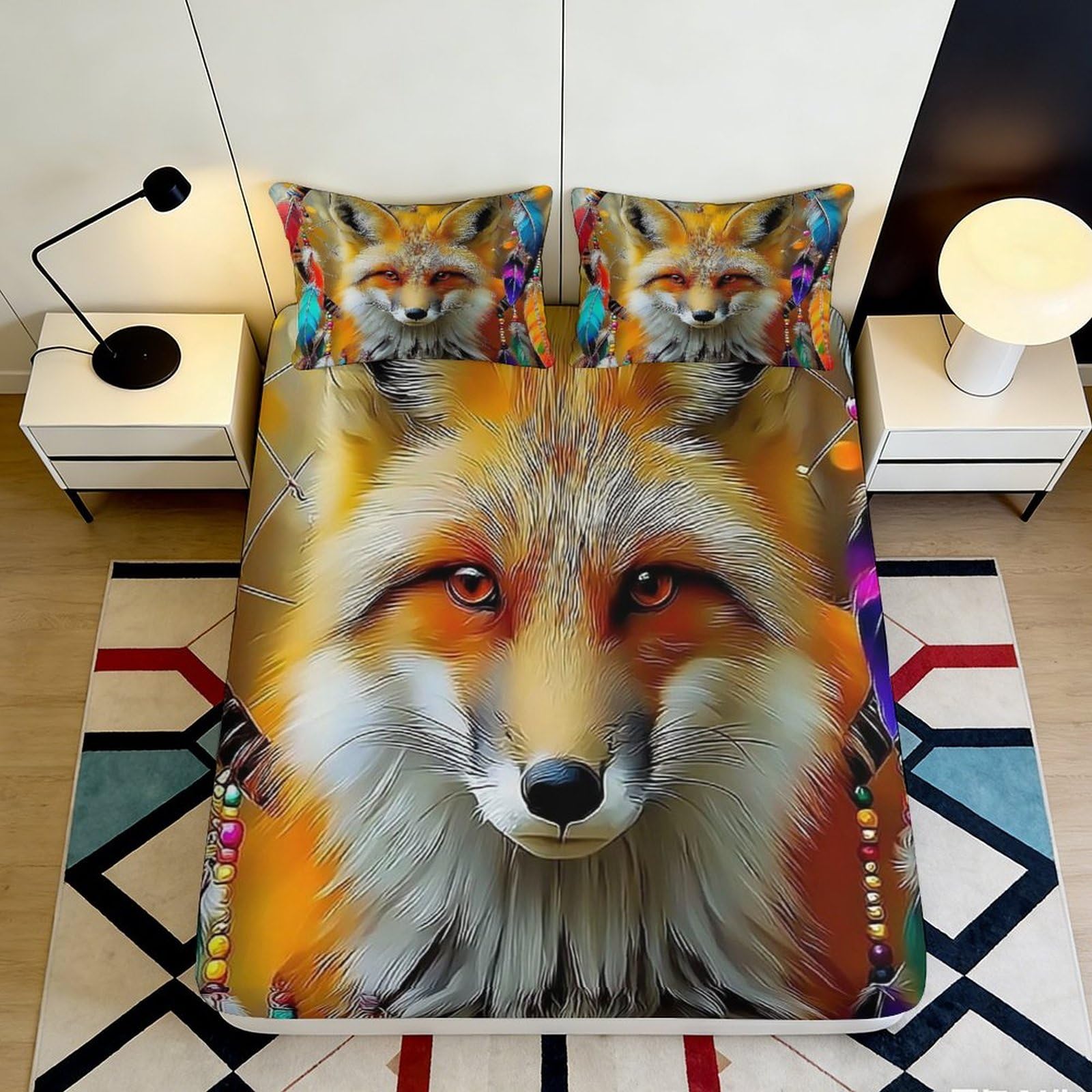 3D Printed Fox Dreamcatcher Fitted Sheet Microfiber Soft Anti-Slip Mattress Cover for Bedroom Dorm Decor 120x200cm 140x200x25cm