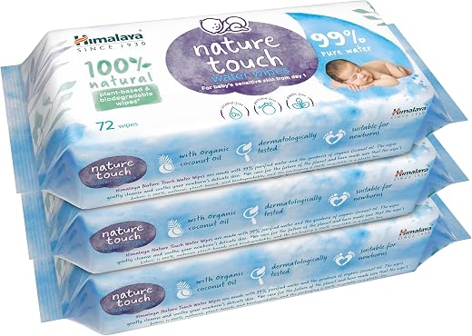 Himalaya Nature Touch Water Baby Wipes |72 Wipes – Pack of 3| 99% Pure Water | 100% Plant-Based Biodegradable Wipes | Organic Coconut Oil | for Sensitive Skin from Day 1 |Unscented