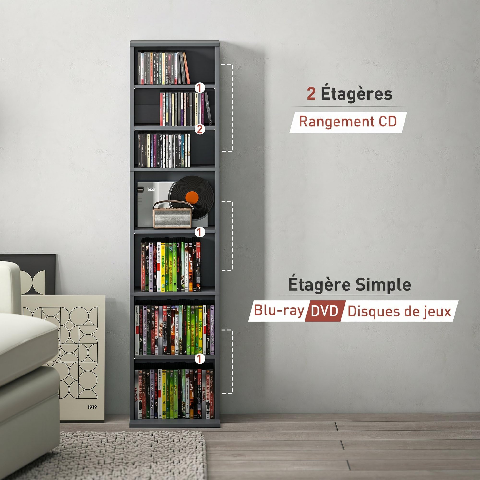 HOMCOM Portaoggetti per CD e DVD, con capacità max. 260 CD / 120 DVD, 9 scomparti e 6 ripiani regolabili, per soggiorno, camera da letto, ufficio, 33 x 24 x 140 cm, grigio