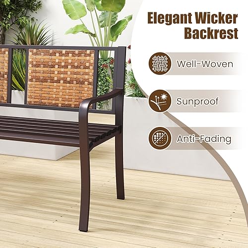 Miniatura 8 de Tangkula Banco de parque de metal de 51 pulgadas, banco de jardín para patio con respaldo de ratán y reposabrazos curvos, sofá biplaza exterior