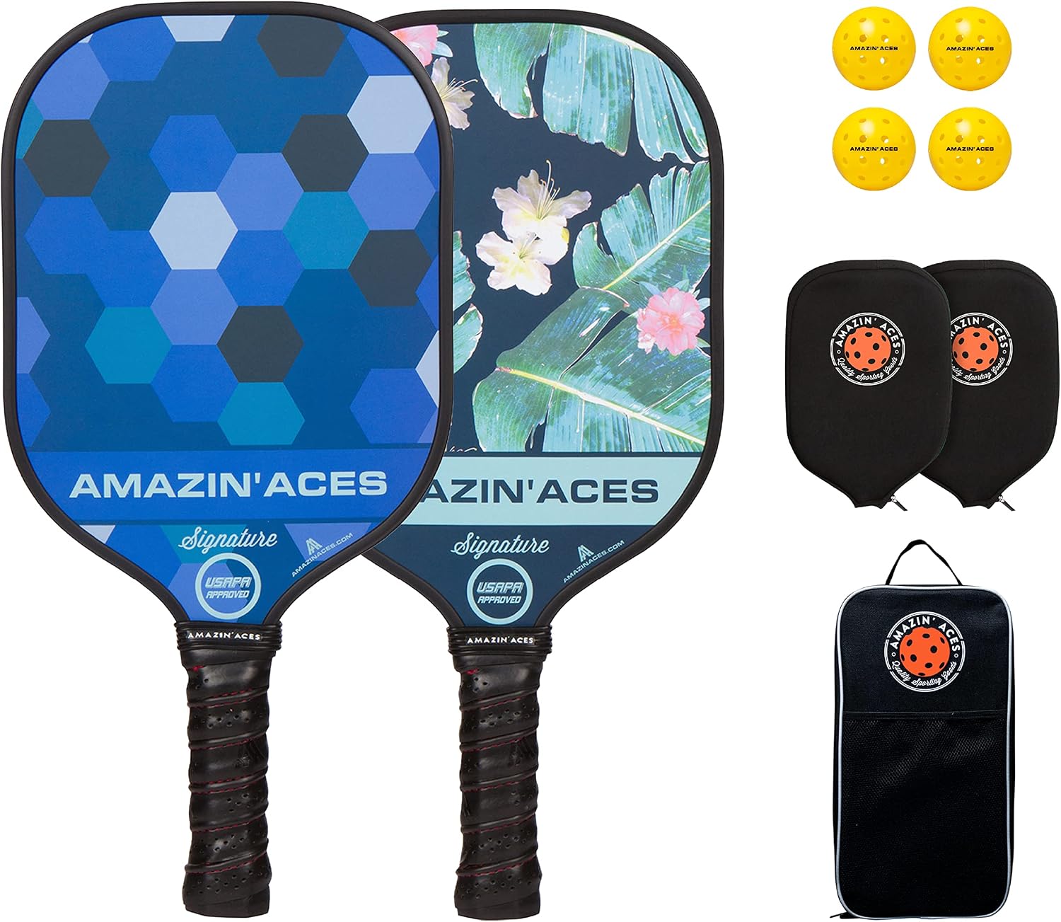 Amazin&amp;#39; Aces Graphite Pickleball Paddles Set - Single, 2 or 4 Paddles, Honeycomb Polymer Core with Comfy Cushion Grip - Varying Accessories