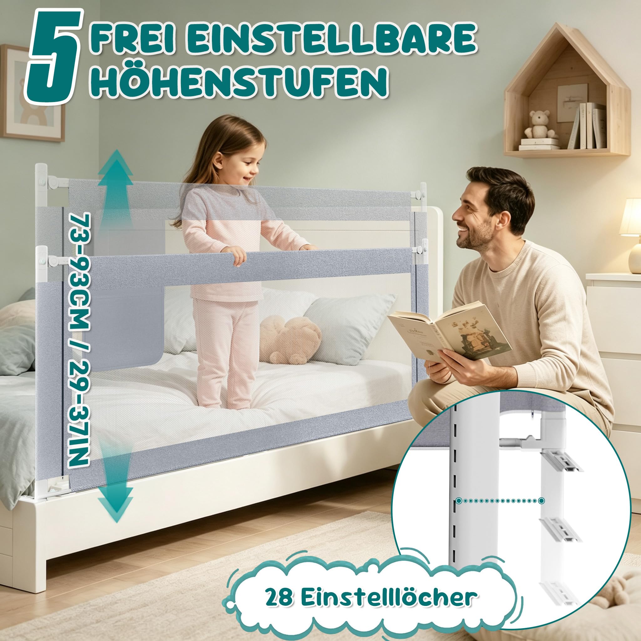 Froadp 200cm Barriera per Letto Bambini, Pieghevole Sponda Lettino Regolabile in Altezza con Doppia Chiusura Cintura Fissa e Mesh Taspirante, Portatile Guardrail Adatto per Maggior Letti(Grigio)