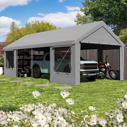 EROMMY 12' x 24' Heavy Duty Carport，Portable Garage with UV Protection & Steel Frame, Car Port with Removable Sidewalls, All-Season Car Canopy for Tractor, Truck, Boat, Gray