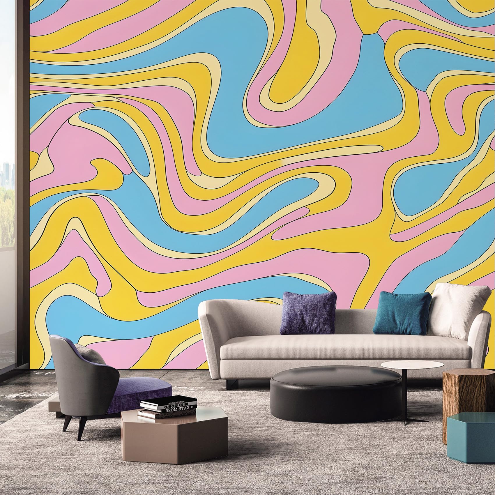 70s Retro Wallpaper, Pink Blue Yellow Mural Wallpaper, 70s Retro Room Decor Wall Art for Living Room Bedroom Kitchen 500L x 280W cm