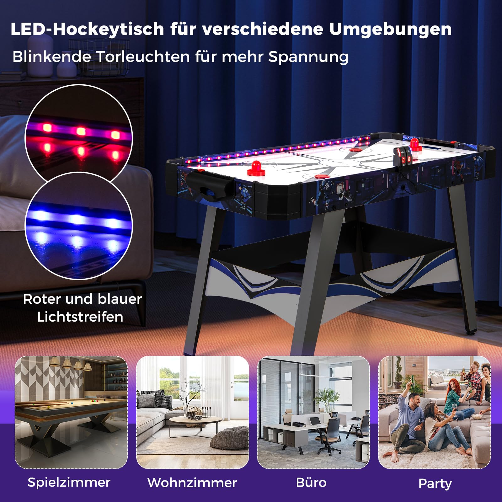 COSTWAY LED Airhockey Tisch, Air Hockey Spieltisch mit 12V Motor, 2 Schiebern & Pucks, Lufthockey elektrisch mit LED-Anzeigetafel, Tischhockey Eishockey für Kinder Erwachsene, 137 x 65 x 86 cm