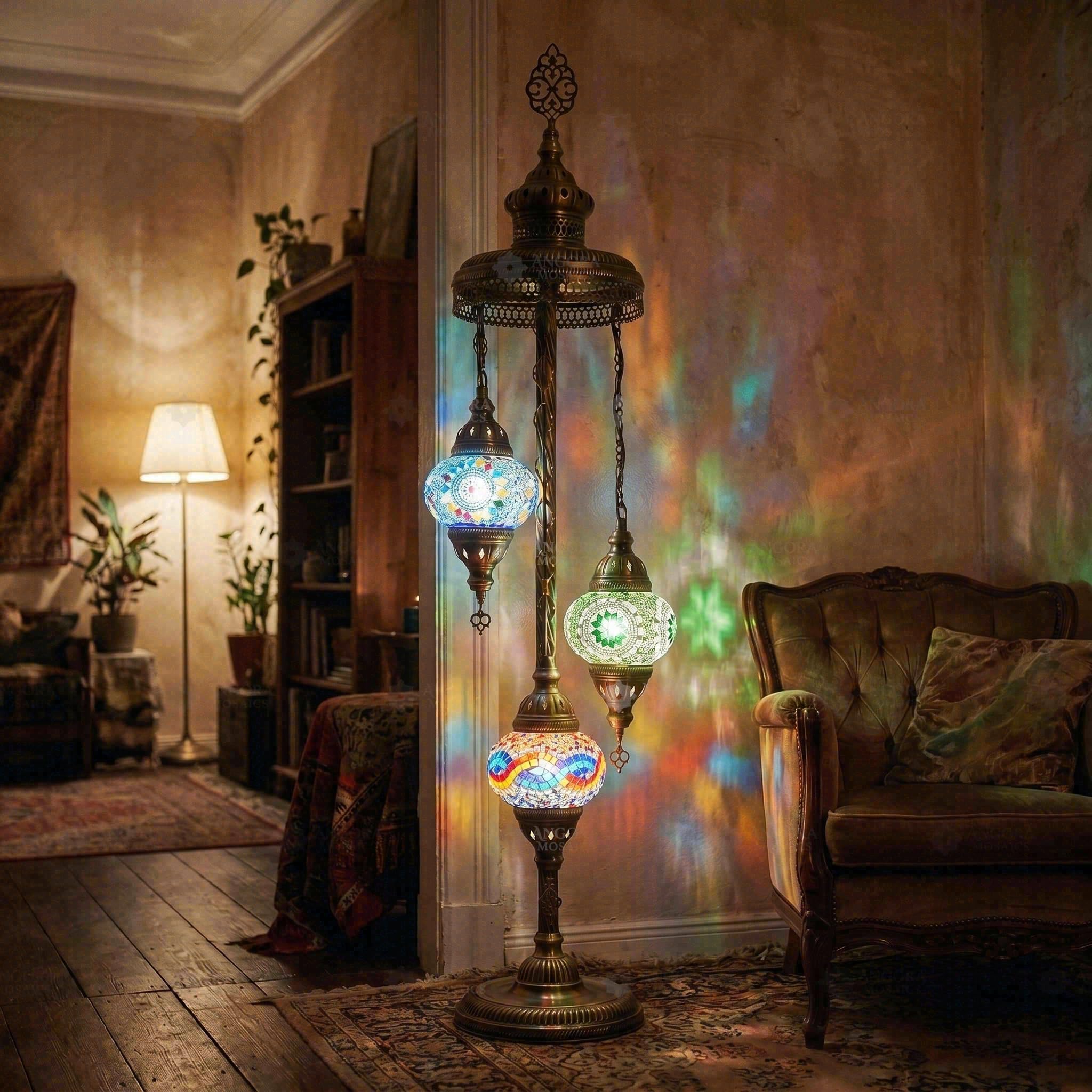 ENVA Lampada da terra multicolore con mosaico turco, realizzata a mano, 3 globi, lampada in vetro con mosaico bohémien, per soggiorno e camera da letto