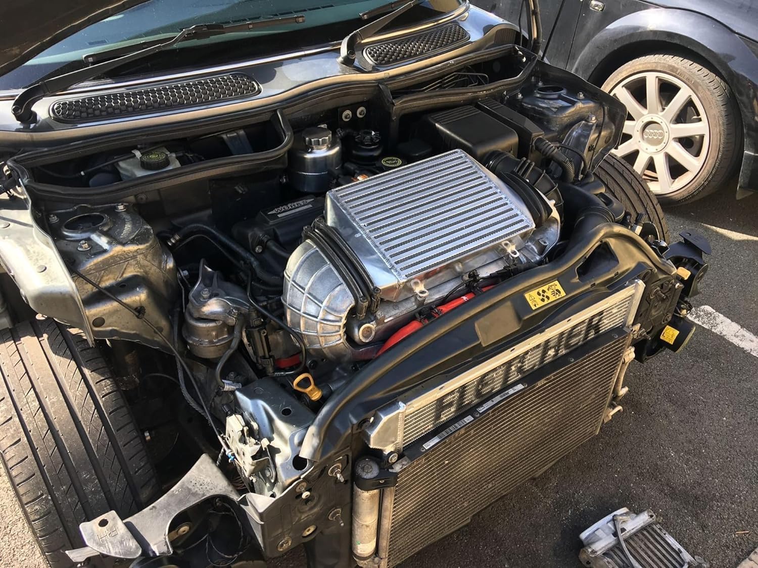 Upgrade Top Mount Turbo Intercooler Compatible With BMW MINI Cooper S R53 R52 1.6L Supercharged 2002 2003 2004 2005 2006 Black Aluminum Intercoolers