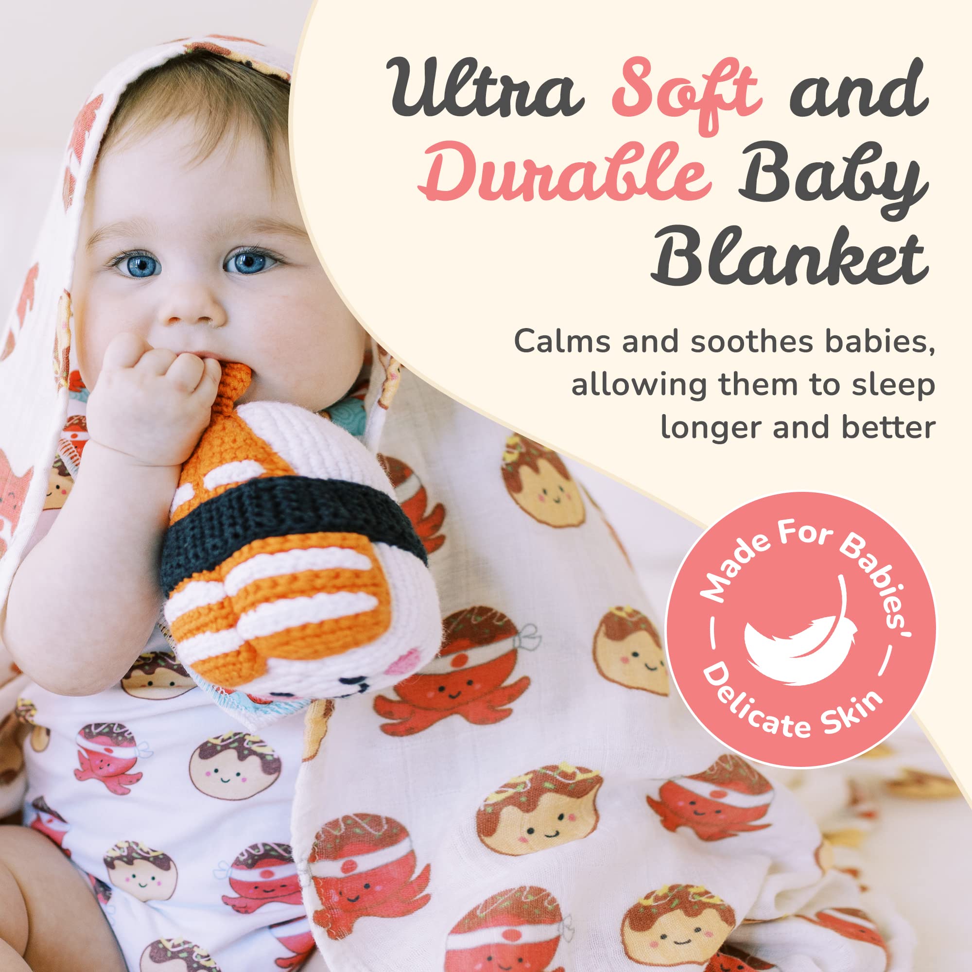The Wee Bean Baby Swaddle Blanket - 47x47 Inch Muslin Cotton Bamboo Blend (Japan Takoyaki Octopus Print) - View #9