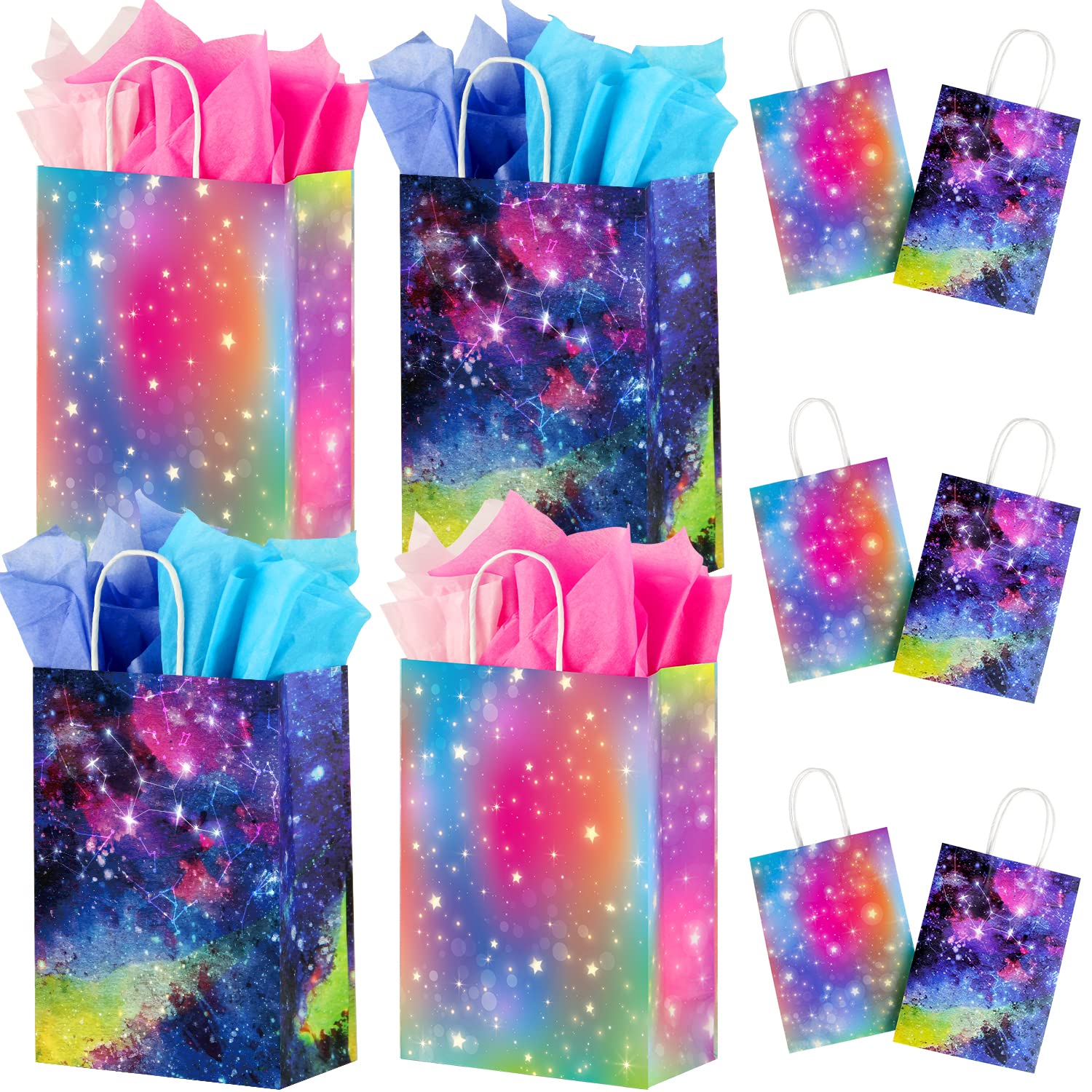 GITMIWS 24 Pack Galaxy Gift Bags with Tissues - 8.7'' Small Galaxy Party Favor Bags with handles, Paper Goodie Treat Bag for Kids Birthday, Baby
