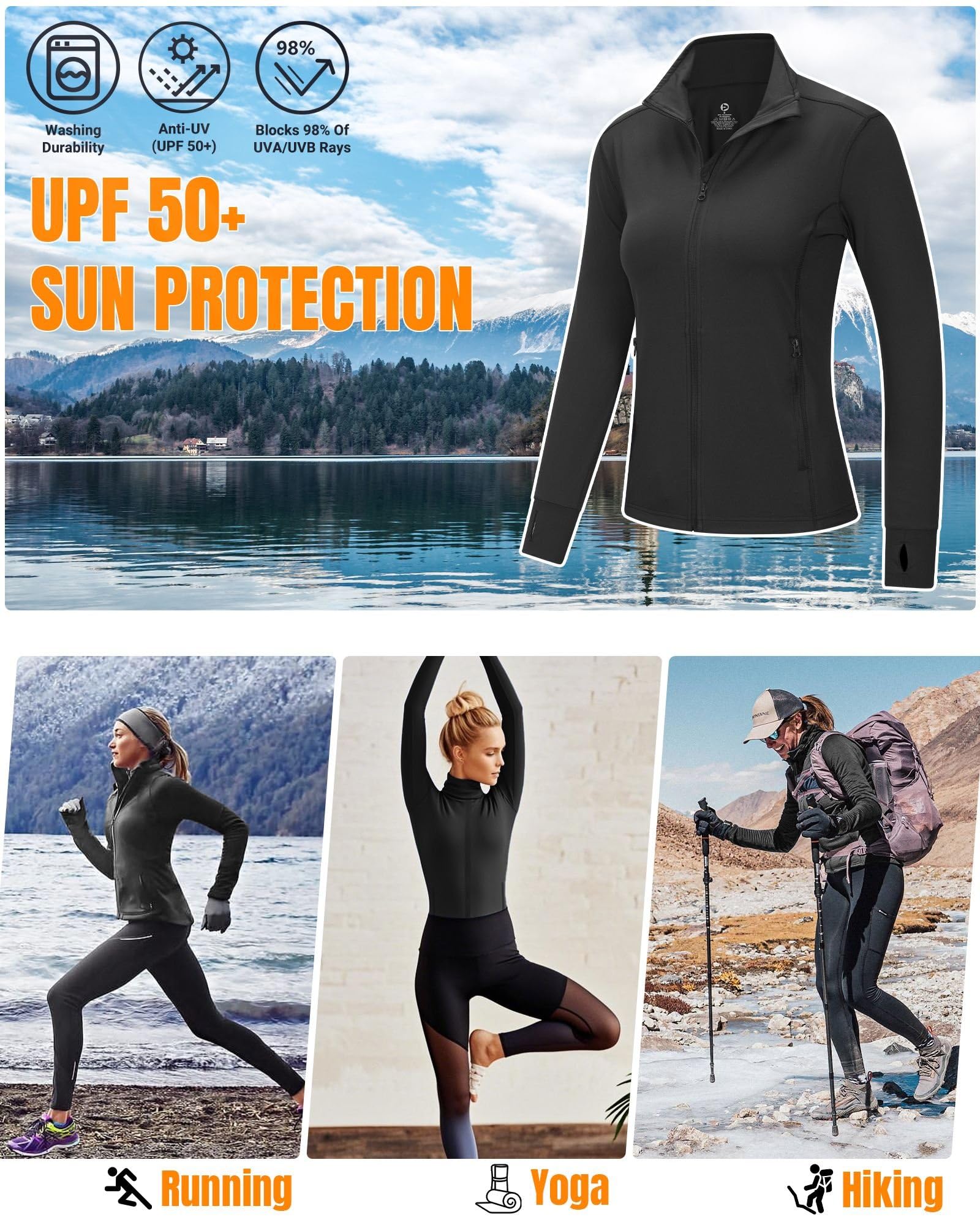 Outdoor Ventures Veste de course pour femme, col montant, veste de sport, manches longues, veste de survêtement légère et respirante, sans capuche, avec trou pour les pouces et poche, pour la course