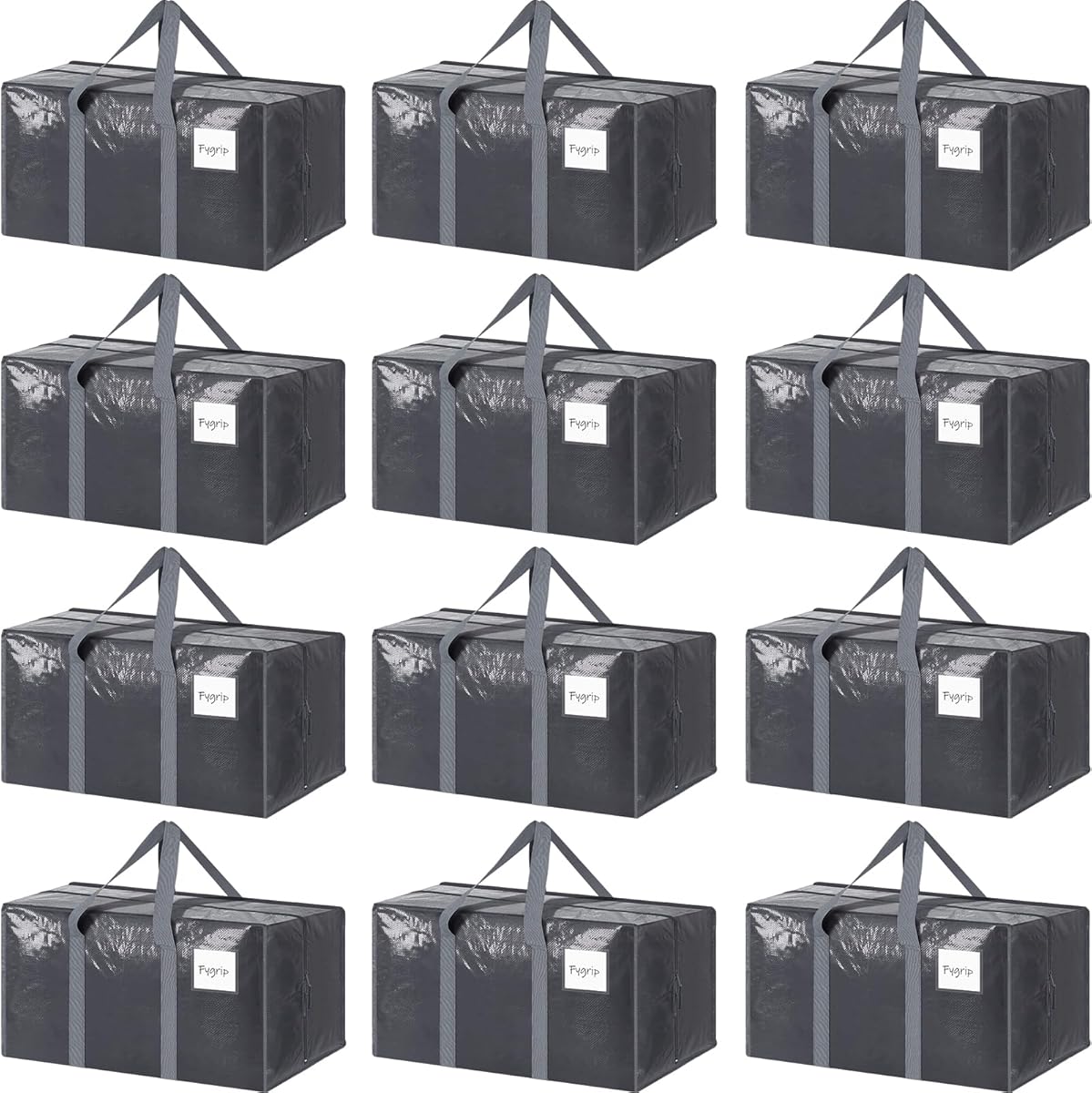 12 Pack Extra Heavy Duty Large Moving Bags with Strong Zipper & Comfortable Handles, Sturdy & Durable Clothes Storage Bags Totes Bins, Packing Moving Boxes for College Supplies, Gray