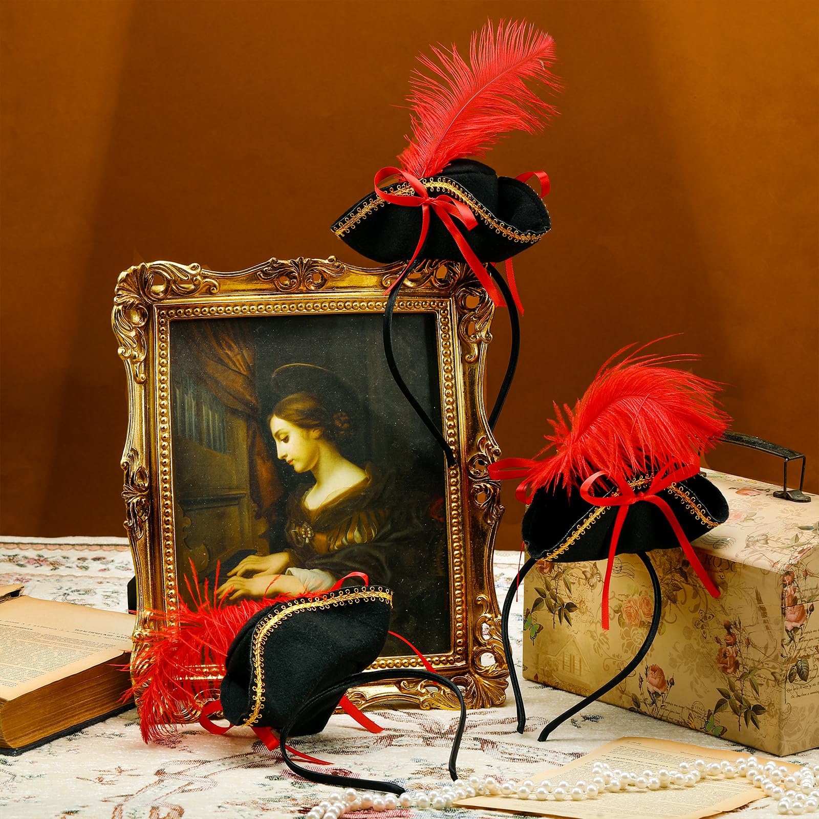 ShinyMatch 3 Pcs Pirate Tricorn Mini Hat Headband for Women Red Bow Knot Feather Pirate Fascinator Hat, One Size for School Play Theatrical Performance - Image 2