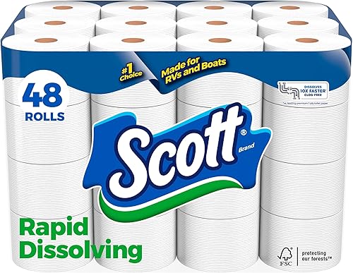 Scott Papel higiénico de disolución rápida, 48 rollos dobles (6 paquetes de 8)  96 rollos regulares, 231 hojas por rollo