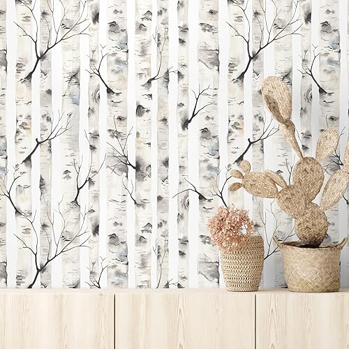 Miniatura 2 de VEELIKE Papel tapiz de abedul para despegar y pegar, papel de contacto rústico de abedul de 17.7 x 354 pulgadas, mural de pared extraíble de bosque,