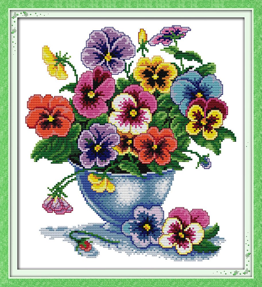 CaptainCrafts Cross Stitch Kits, Stamped Cross Stitch Preprinted Fabric DIY Art Embroidery Kits Needlework Crafts (Preprinted 11CT, Six Color Flower)