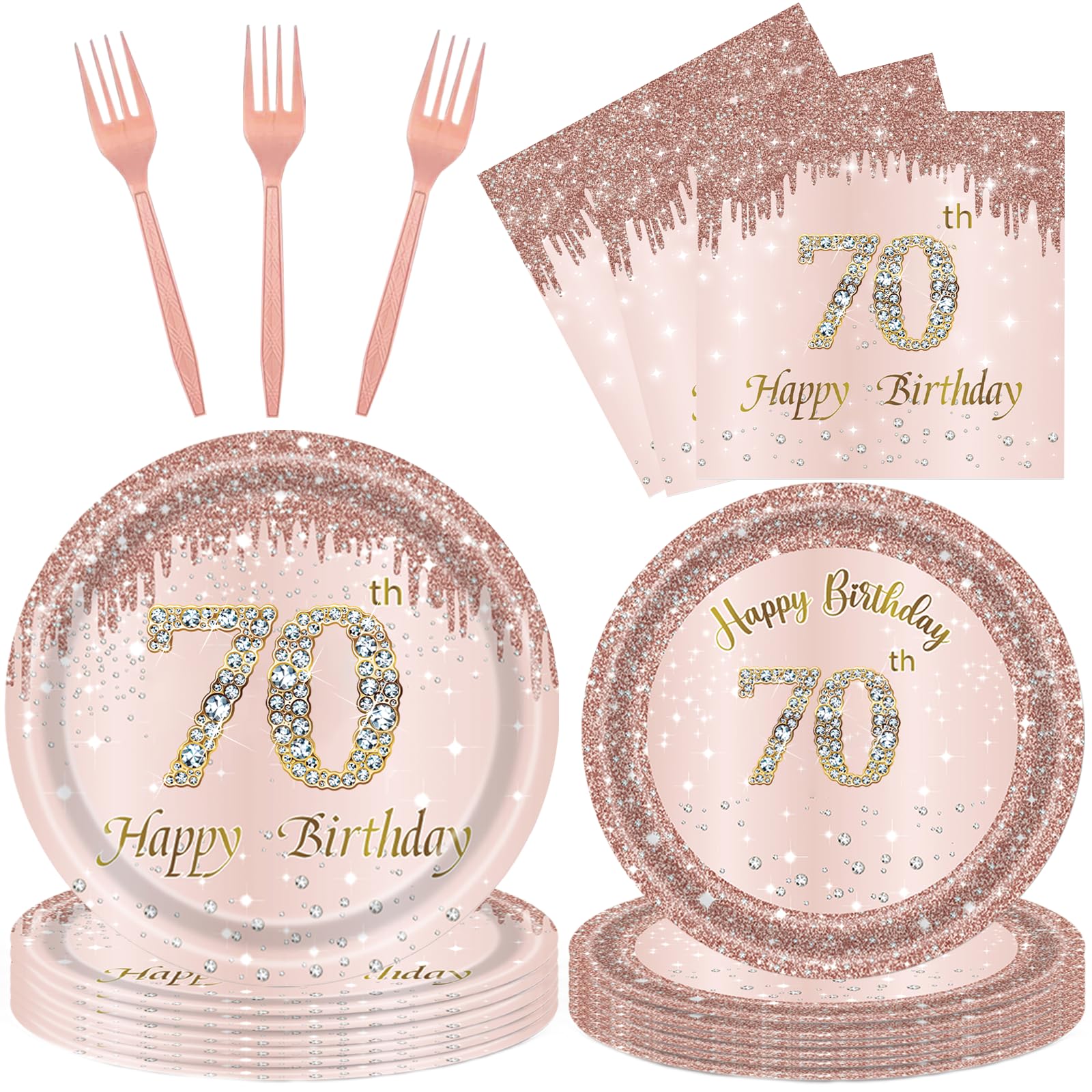 Rose Gold 70th Birthday Tableware Set for Women - 96 Pcs Disposable Party Supplies Includes Dinner Plates, Napkins & Forks, 70 Year Old Birthday Decorations (Serves 24 Guests)