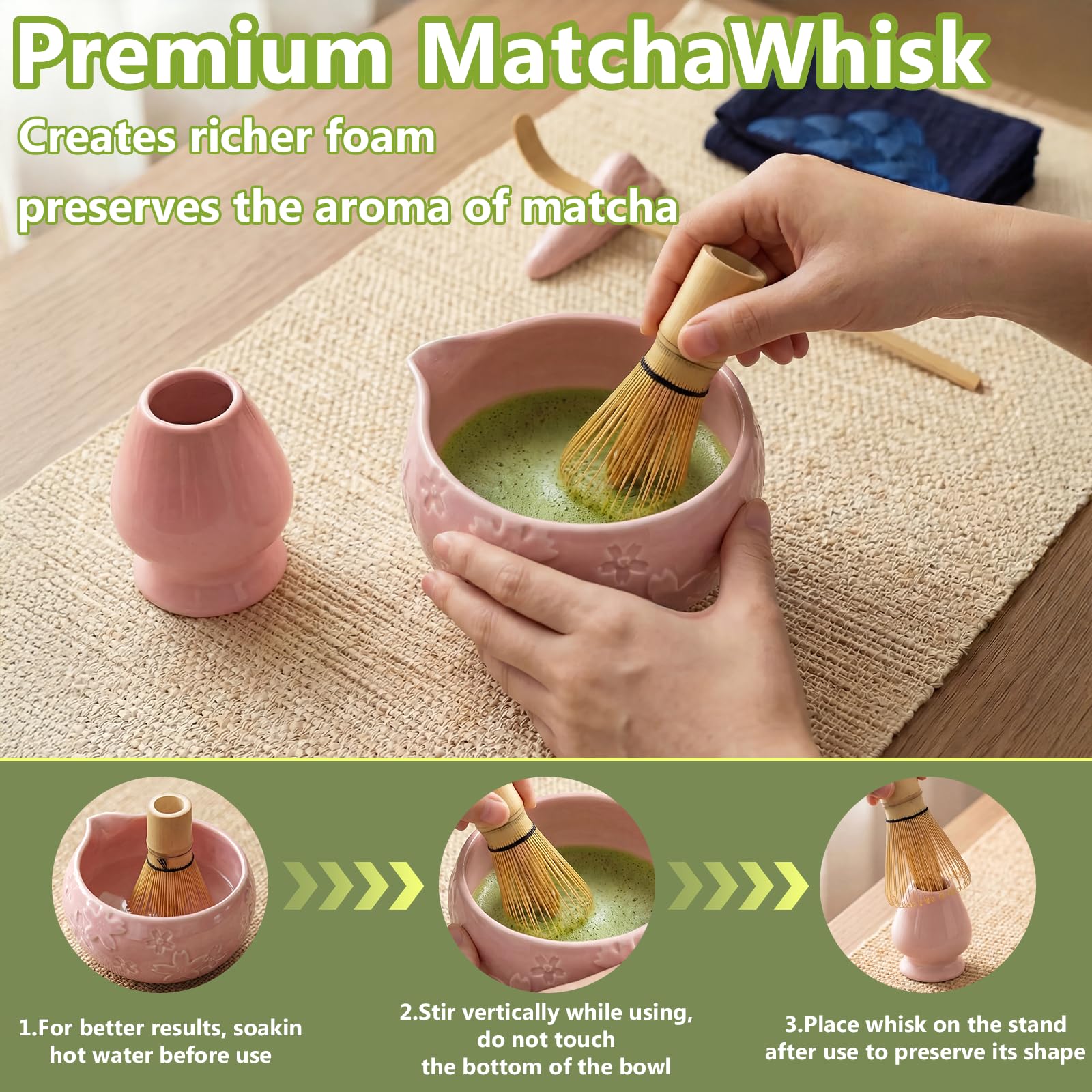 8 pezzi Matcha Kit, Matcha Set tradizionale in ceramica con Frusta Matcha, Ciotola, Cucchiaio, Filtro, Supporto, Kit Matcha completo, Elegante Set per Amanti del Matcha, Rosa