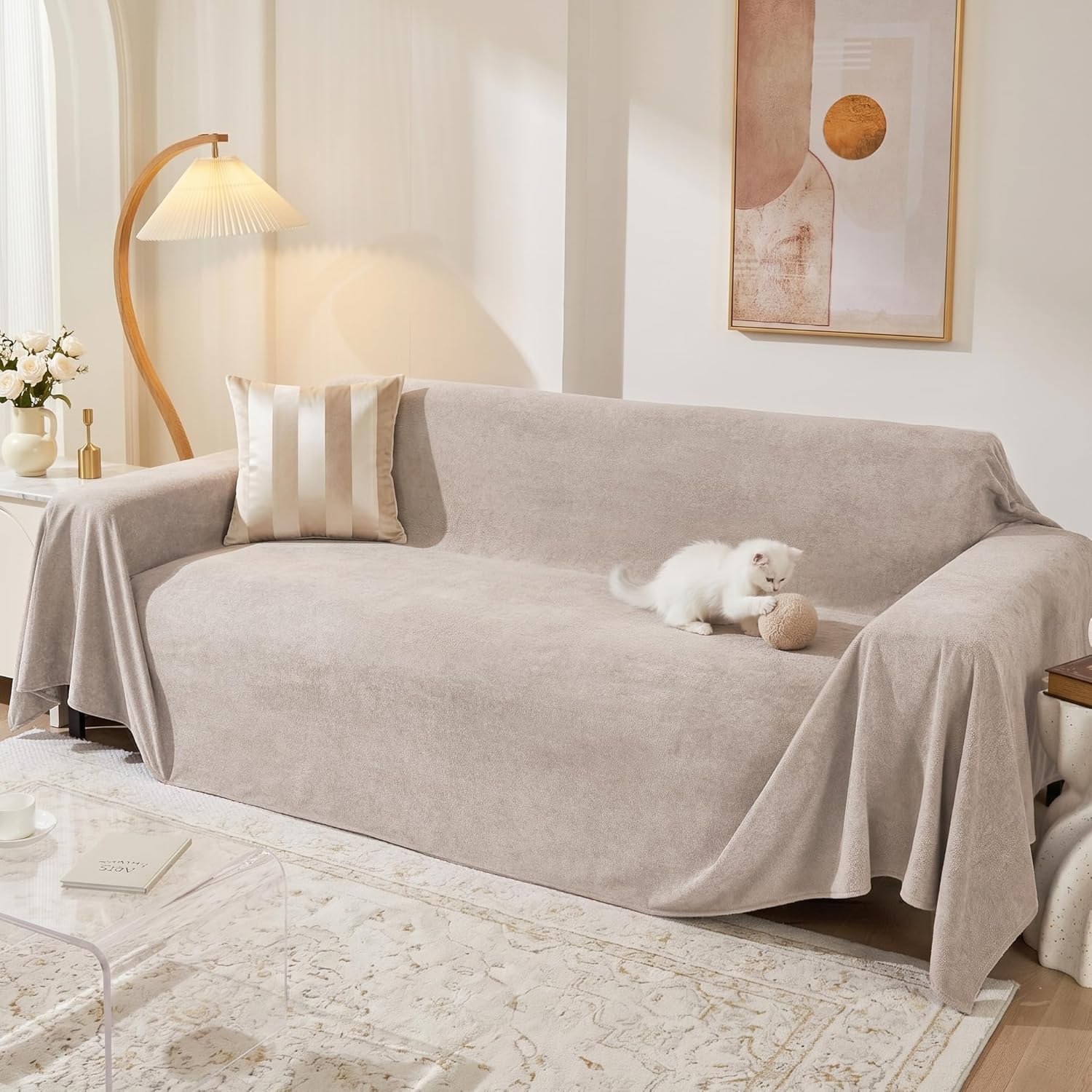 MEETSKY Sectional Couch Cover for 3 Cushion Sofa Washable, Cat Scratch Proof Sofa Covers, Furniture Protector Oversized L Shape Big Sofa Slipcovers for Dogs, 91" x 150", Creamy White