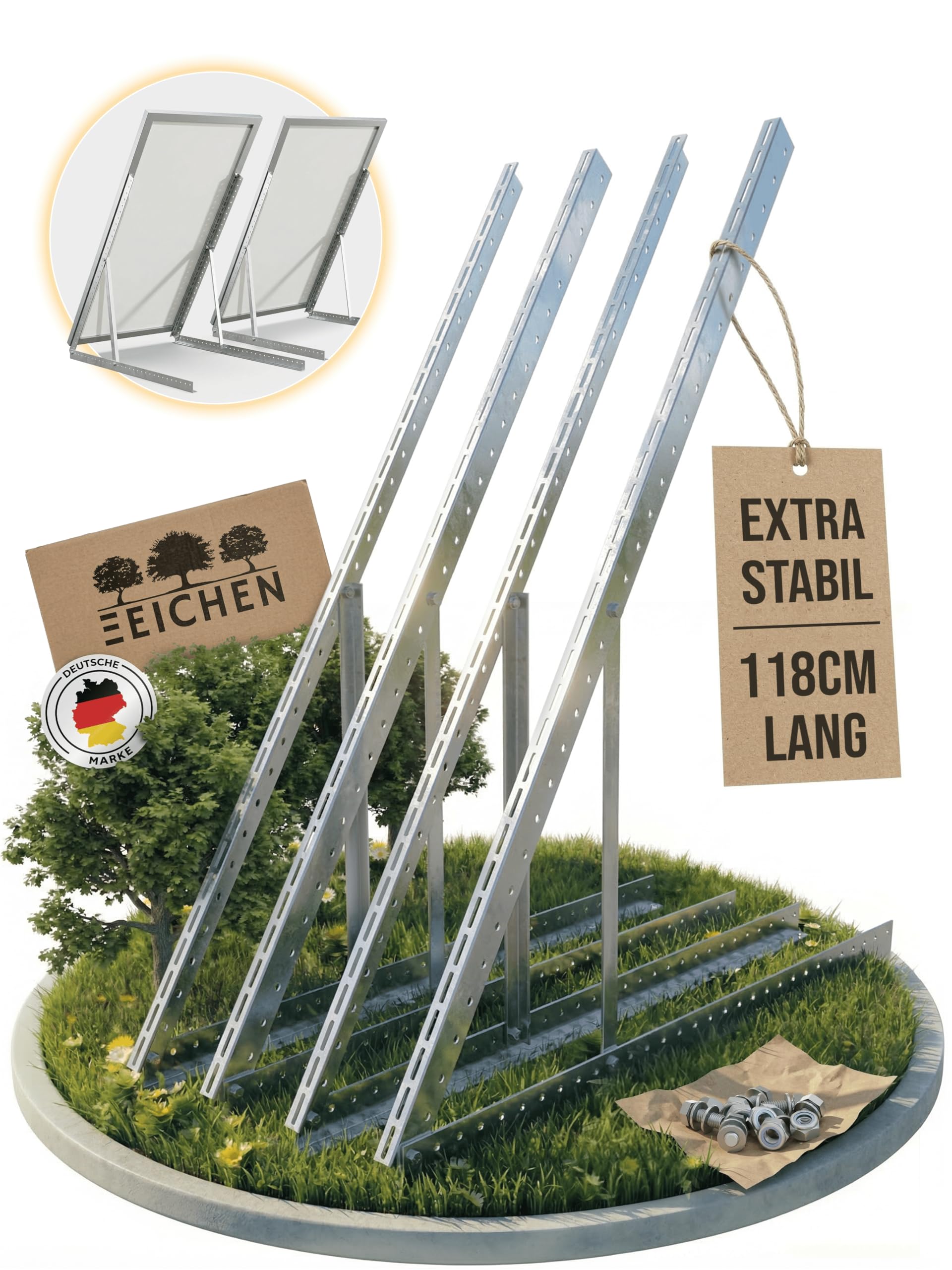 Drei Eichen - 4x Balkonkraftwerk Halterung.118cm stabiles 3mm Aluminiumprofil mit hochwertigen Edelstahl Schrauben für 2x Solarmodul Halterung. Befestigung für PV-Module Halterung Solarmodul 0% MwSt