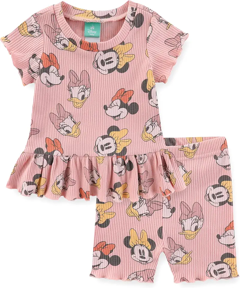 Disney Baby Lilo and Stitch Minnie Mouse Winnie The Pooh Girls 2 Piece Ribbed Top and Shorts Set for Newborn and Infants