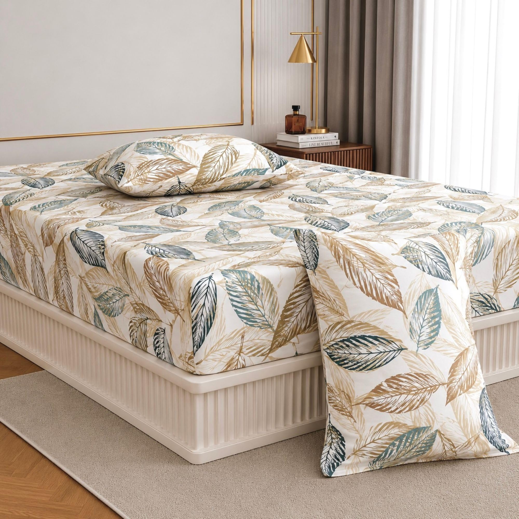 Jaipur Weaves King Size Elastic Fitted Bedsheet, 100% Pure Cotton King Size Fitted Bedsheet for Double Bed with 2 Pillow Covers, 240 TC, 72×78 Inches up to 8-inch Mattress, Leafy (Grey Olive)