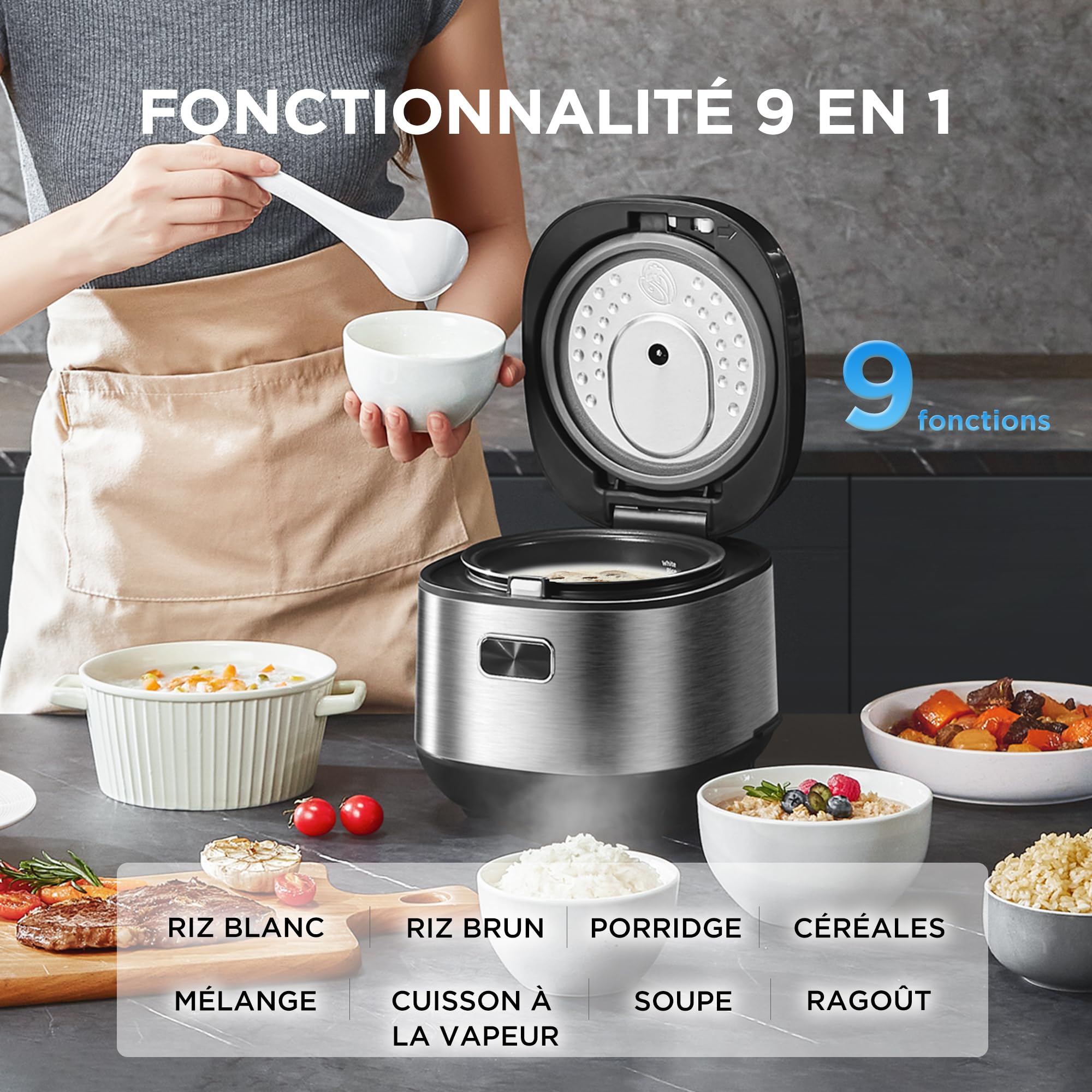 Midea Cuiseur de Riz Multifonction 2L, 9 Programmes, 4 Tasses pour 1-3 Personnes, Chauffage Avancé, Riz Prêt en 30 Min, Antiadhésif, Maintien au Chaud 24h et Minuteur, Panier Vapeur Inclus