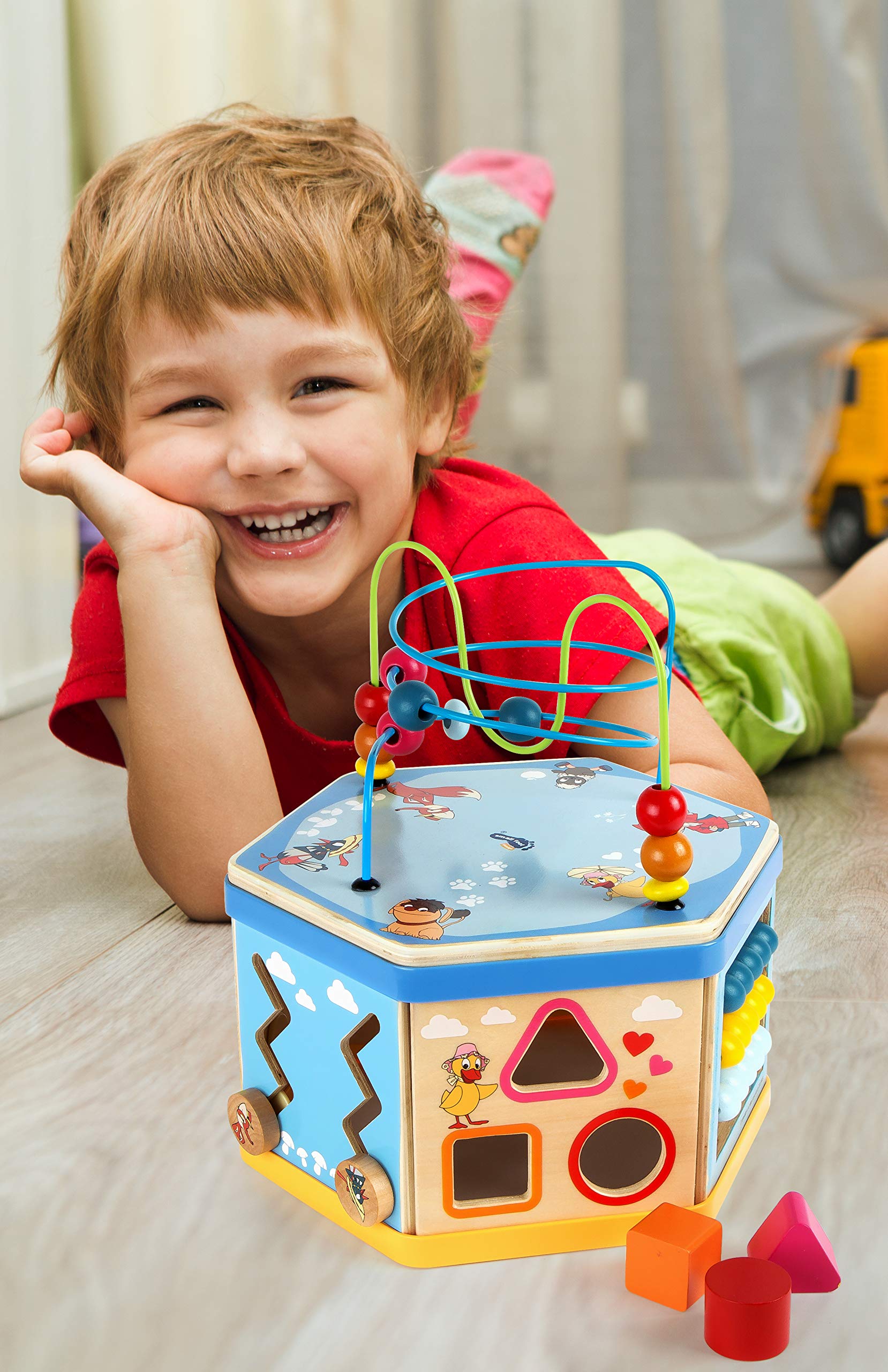 Small Foot 10433 - Cubo de motricidad Sandmännchen, con Formas, Juego de Empuje, Caja de música y bucles de motricidad, a Partir de 1 año