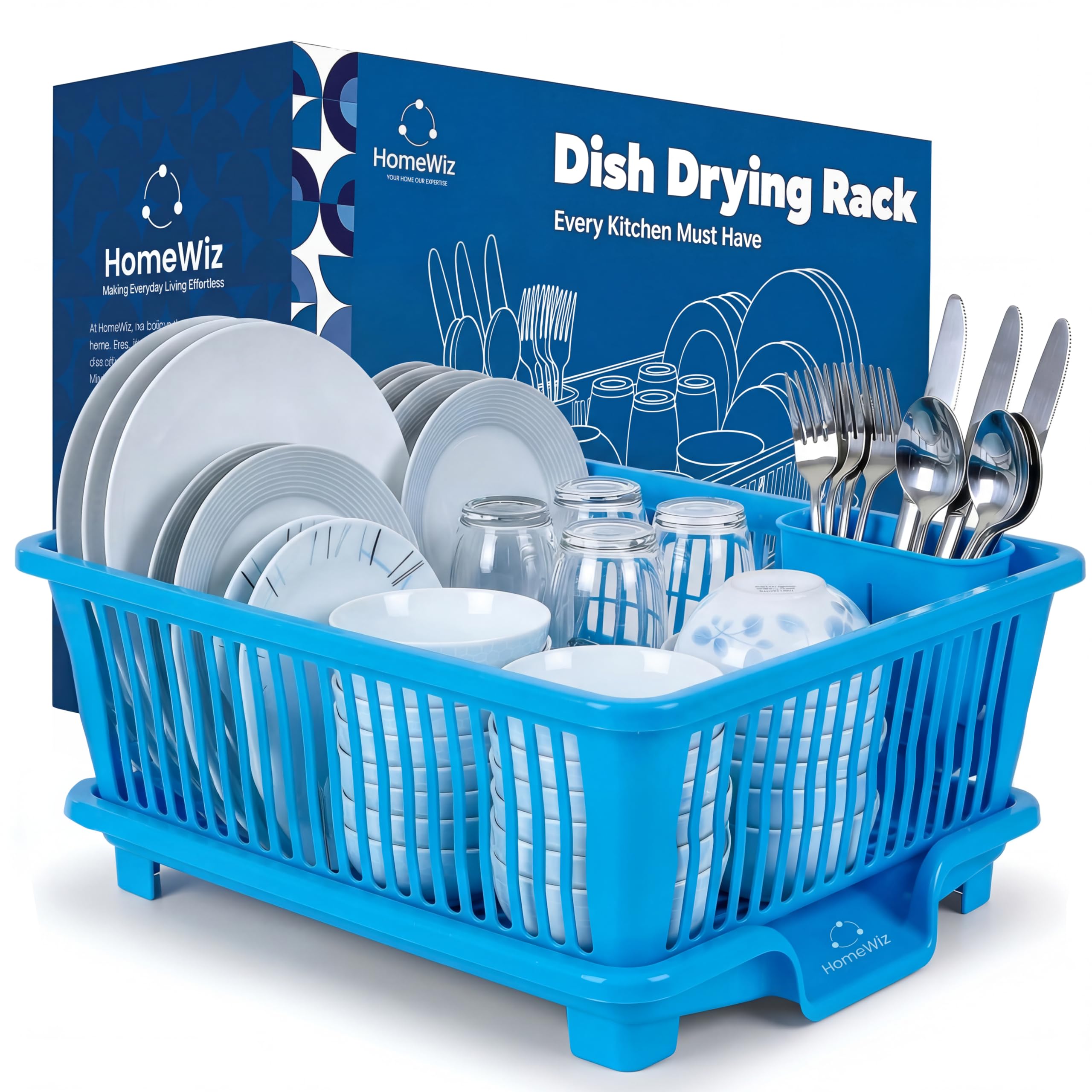 HomeWiz Plastic Dish Drying Rack | Rust-Free Utensil Rack with Built-in Drainage | 50 KG + Weight Capacity | Kitchen Rack with Cutlery Holder | BPA-Free Food Grade Plastic | 43x30x20 cm | Blue