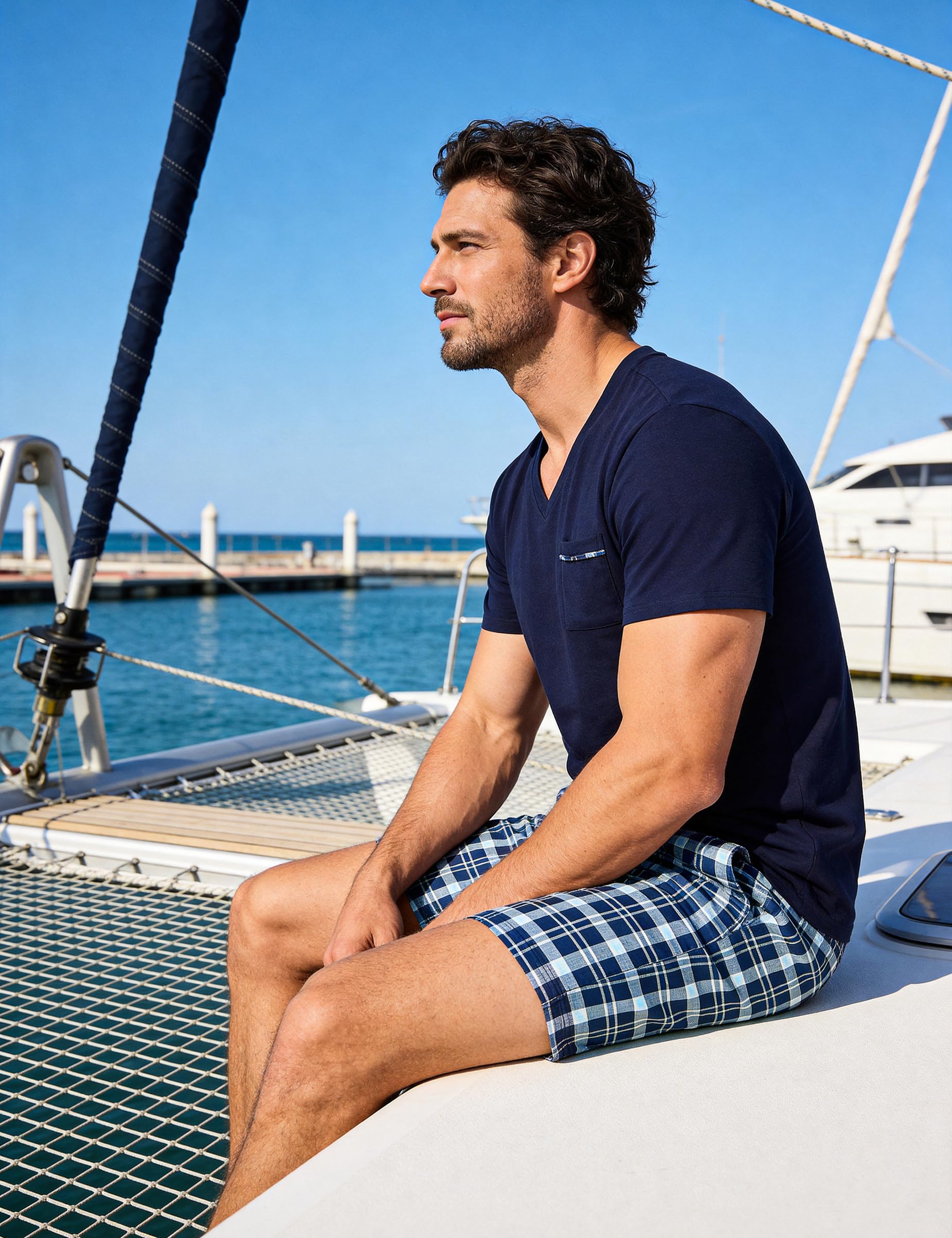 Bresdk Pijamas Cortos Hombre Algodón Verano Camisa de Manga Corta con Cuello en V y Pantalones Cortos a Cuadros Pijama 2 Piezas con Bolsillos Pecho