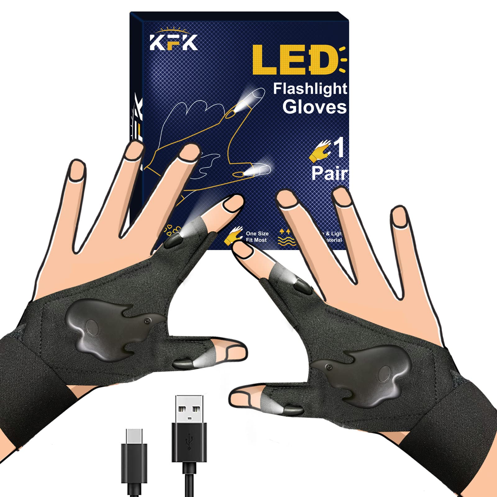 KFK Stocking Stuffers for Men LED Flashlight Gloves Gifts for Men, Gloves with Lights Rechargeable, Gadgets for Men, Mens Gifts for Christmas, Birthday, Dad, Husband, Handyman