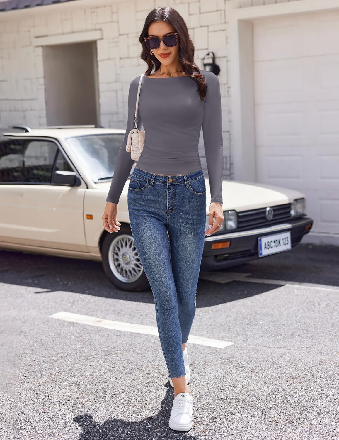 Ekouaer Long Sleeve Shirts Boat Neck Tops Casual Undershirts - Image 3