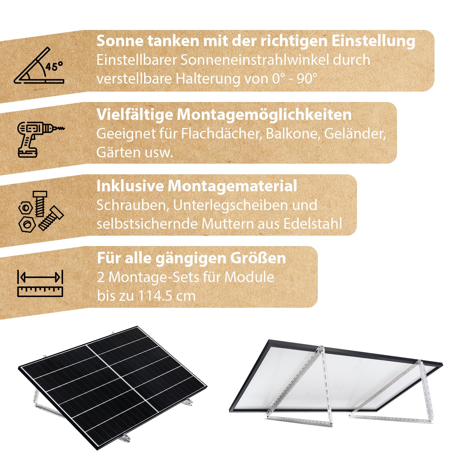 4x Solarmodul Halterung - 0% MwSt│ Halterung für Solarmodule bis zu 114.5 cm │ Robuste Solarpanel Halterung │ Einstellbarer Neigungswinkel 0° - 90° │ Flachdach, Balkonkraftwerk, Wand etc.