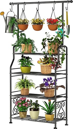 GIOTORENT Soporte para plantas para interiores y exteriores, estantes de metal resistente de 4 niveles, exhibe hasta 17 plantas múltiples, soporte