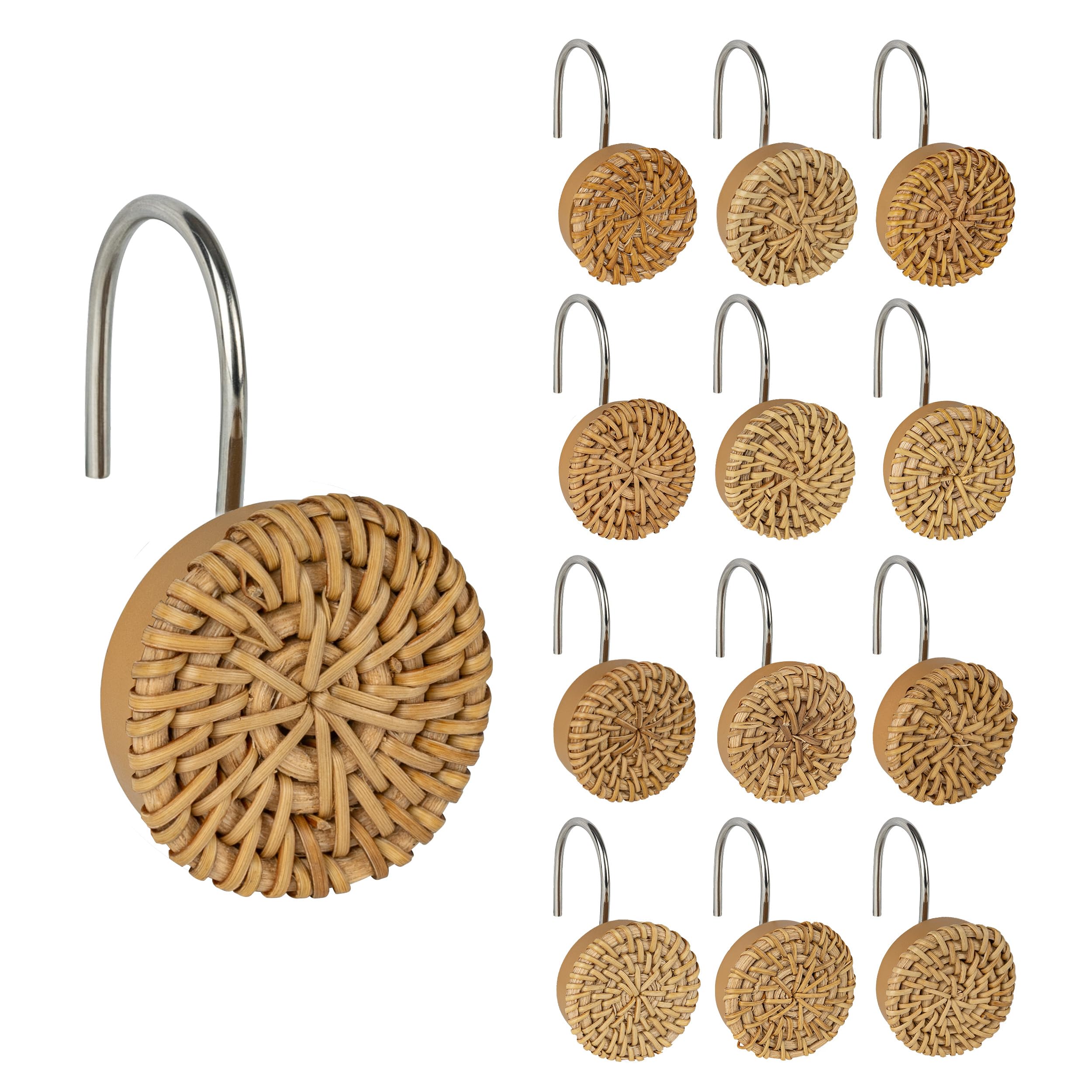 Crochets pour rideau de douche en osier tissé style bohème ferme chic - Lot de 12