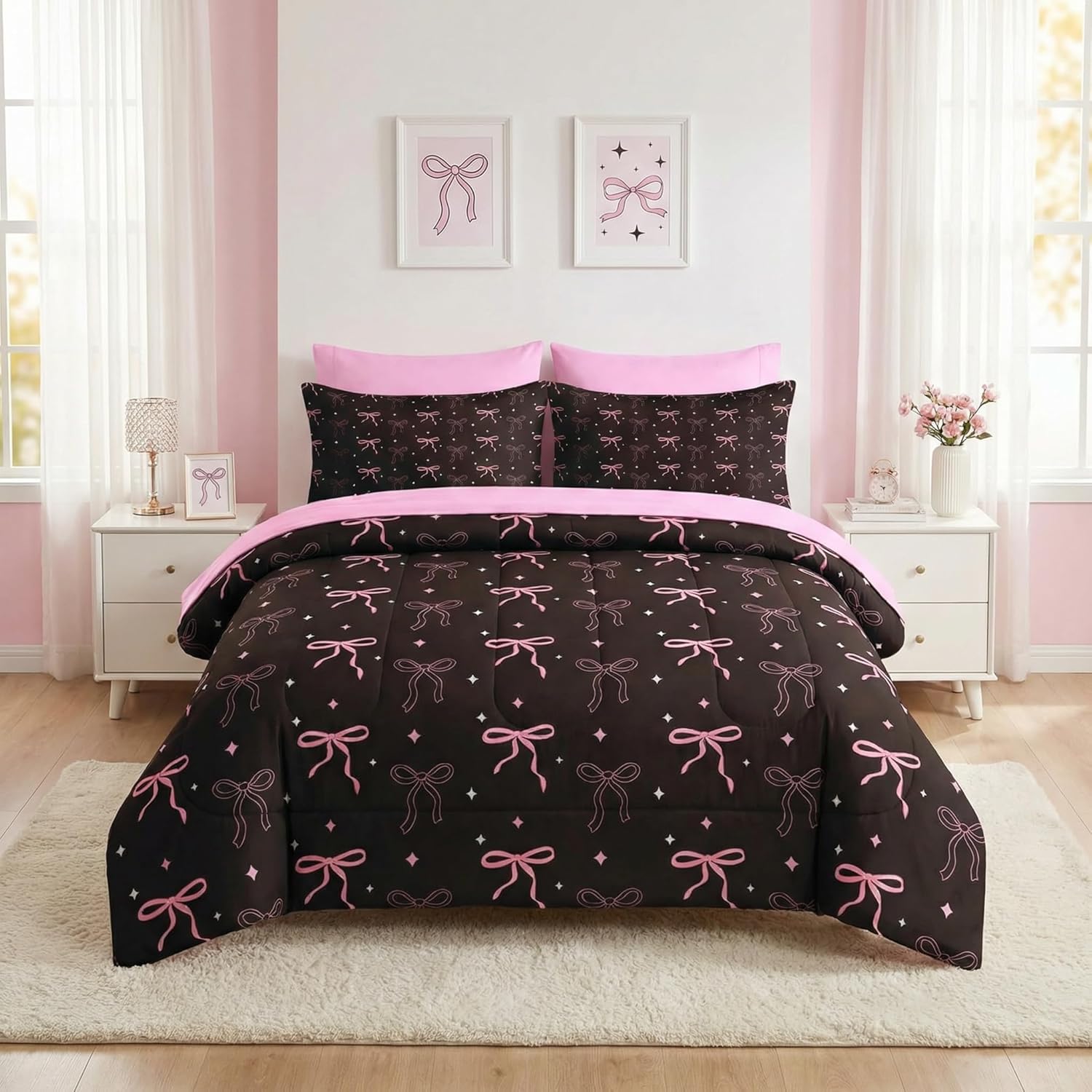 Nesker Bow Comforter Set Twin Size, 5 Pieces Bed in a Bag, Pink Black Bow Bedding Set for Girls, Cute Bowknot Comforter Set with 1 Pillowcase & 1 Sham