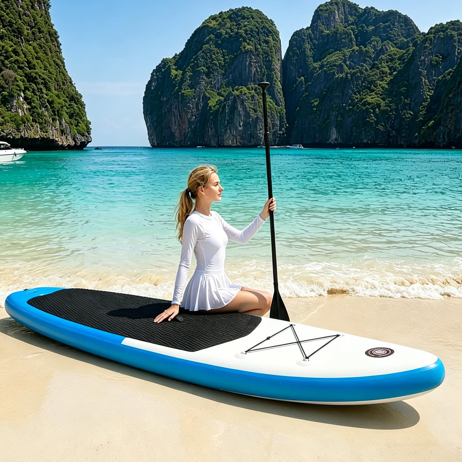 10FT aufblasbares Stand Up Paddle Board SUP-Board Set mit komplettem Zubehör – 3-lagiges PVC, rutschfestes Eva-Deck, 150 kg Tragkraft, leichtes Reise-SUP mit Pumpe
