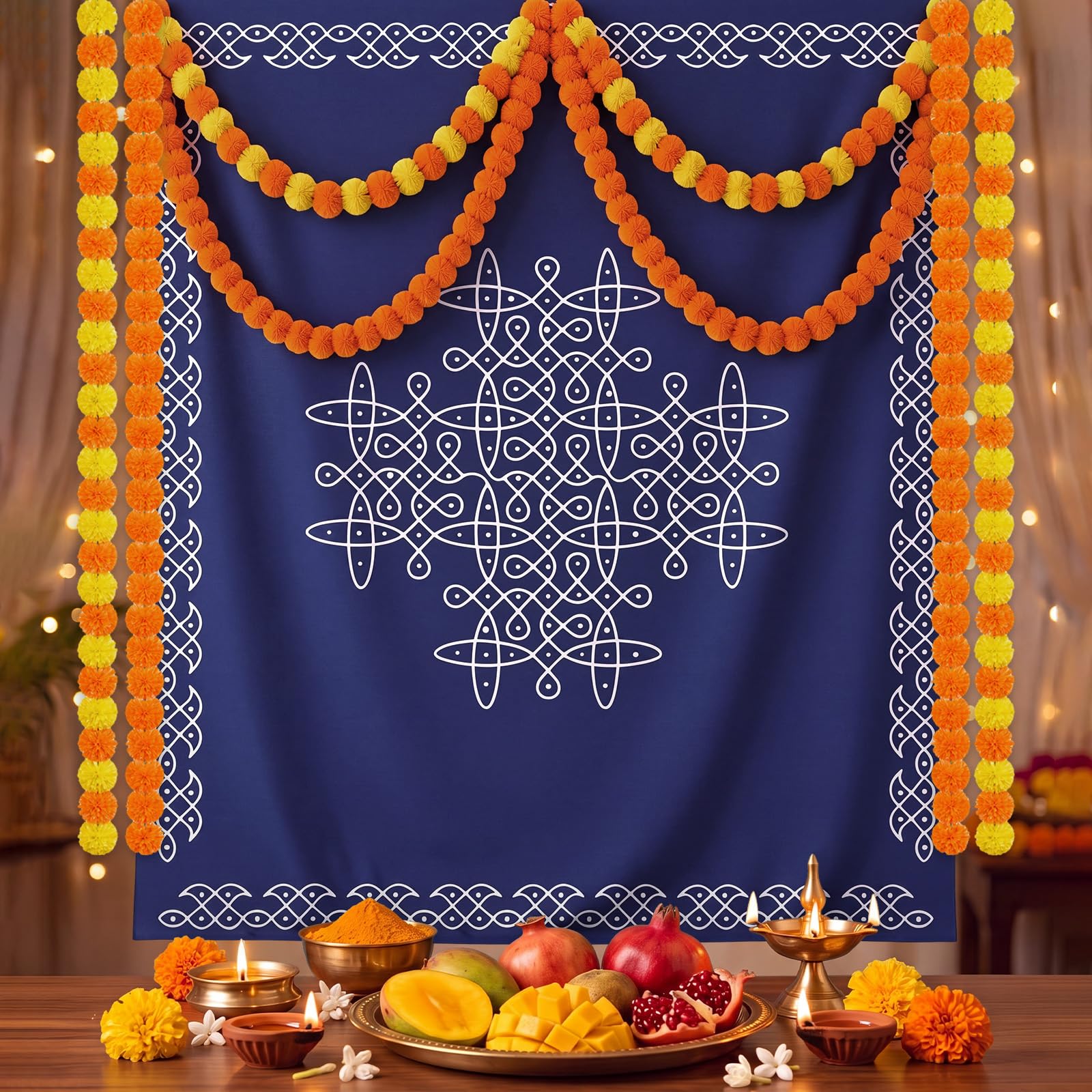 Photo 1 of CrystalSylara Kolam Backdrop Set with Marigold Garlands