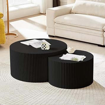 Nesting Coffee Table Set of 2, Modern Round Coffee Tables End Table Set Circle Fluted Coffee Tables for Living Room, Apartment,Black Large