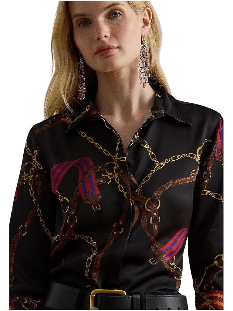 Black Lauren Ralph Lauren Classic Fit Belting-Print Satin Shirt