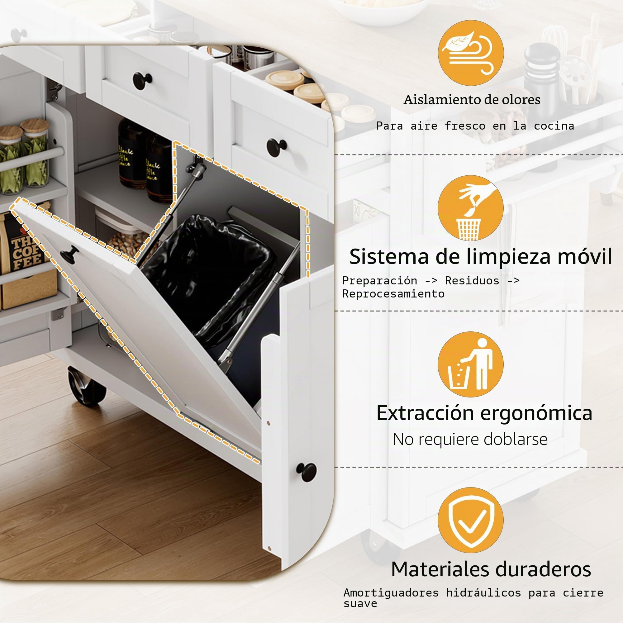 Carro de cocina con ruedas, isla de cocina, zona de comedor extensible, con espacio para cubo de basura y cajones, estante lateral para especias y toallero, color blanco