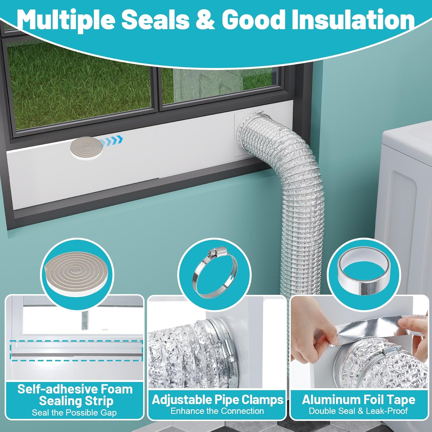 Dryer Vent Window Kit, Adjustable Window Vent Kit with Outdoor Dryer Vent Cover & 4 Inch Flexible Aluminum Foil Hose, Window Exhaust Vent Kit for Sliding and Hung Windows